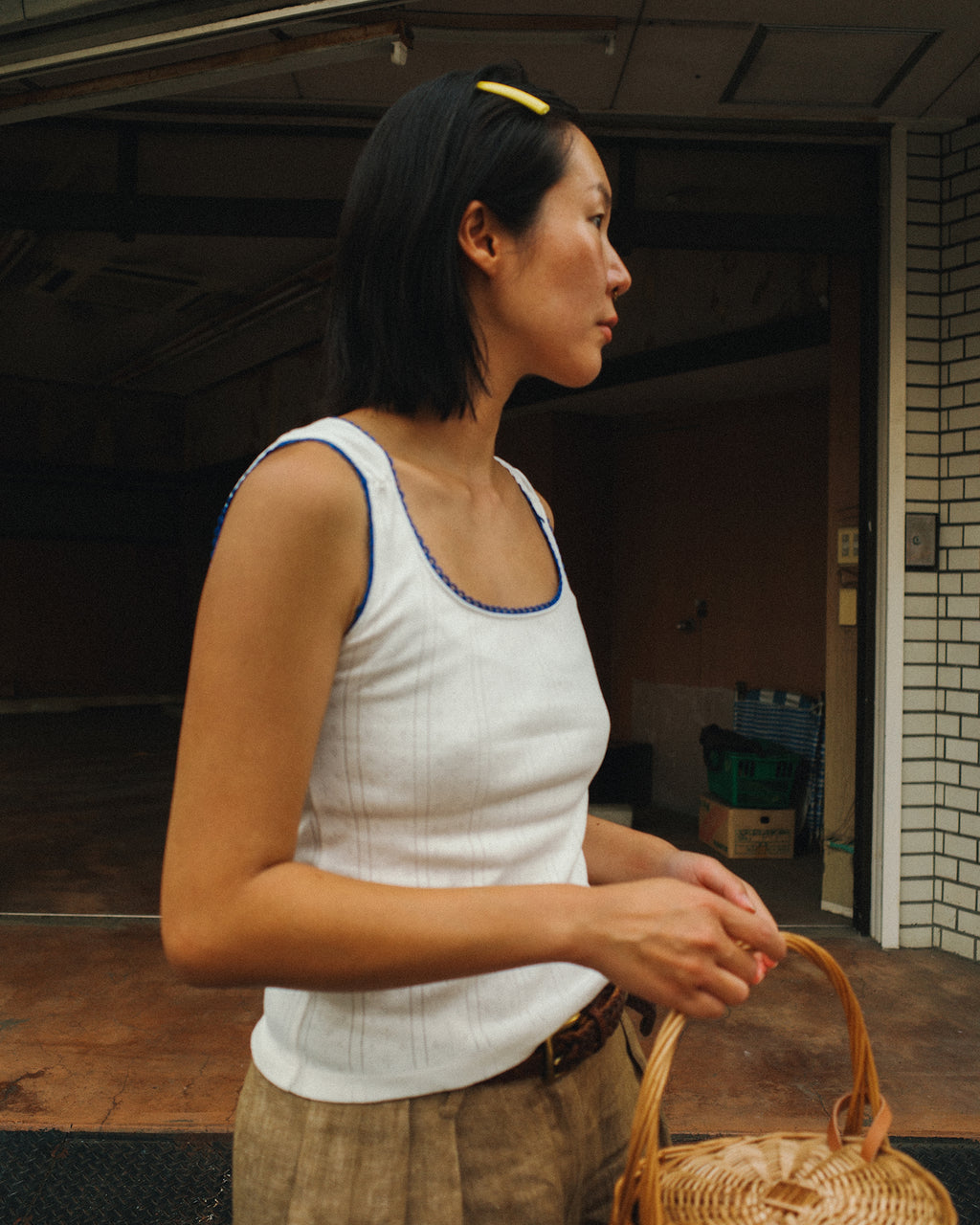 Waikiki Rib Tank, White with Cerulean Blue Trim