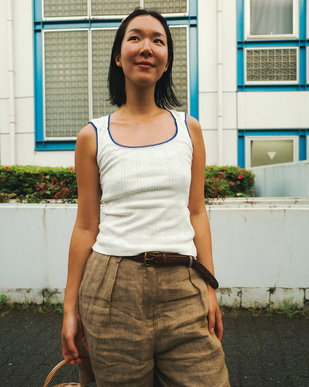 Waikiki Rib Tank, White with Cerulean Blue Trim