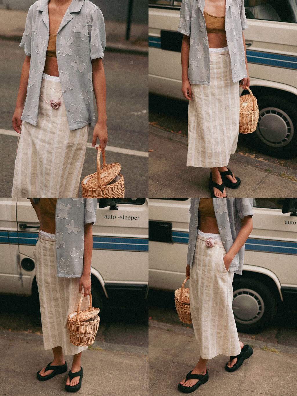 Margot Linen Stripe Long Skirt, Sand Beige
