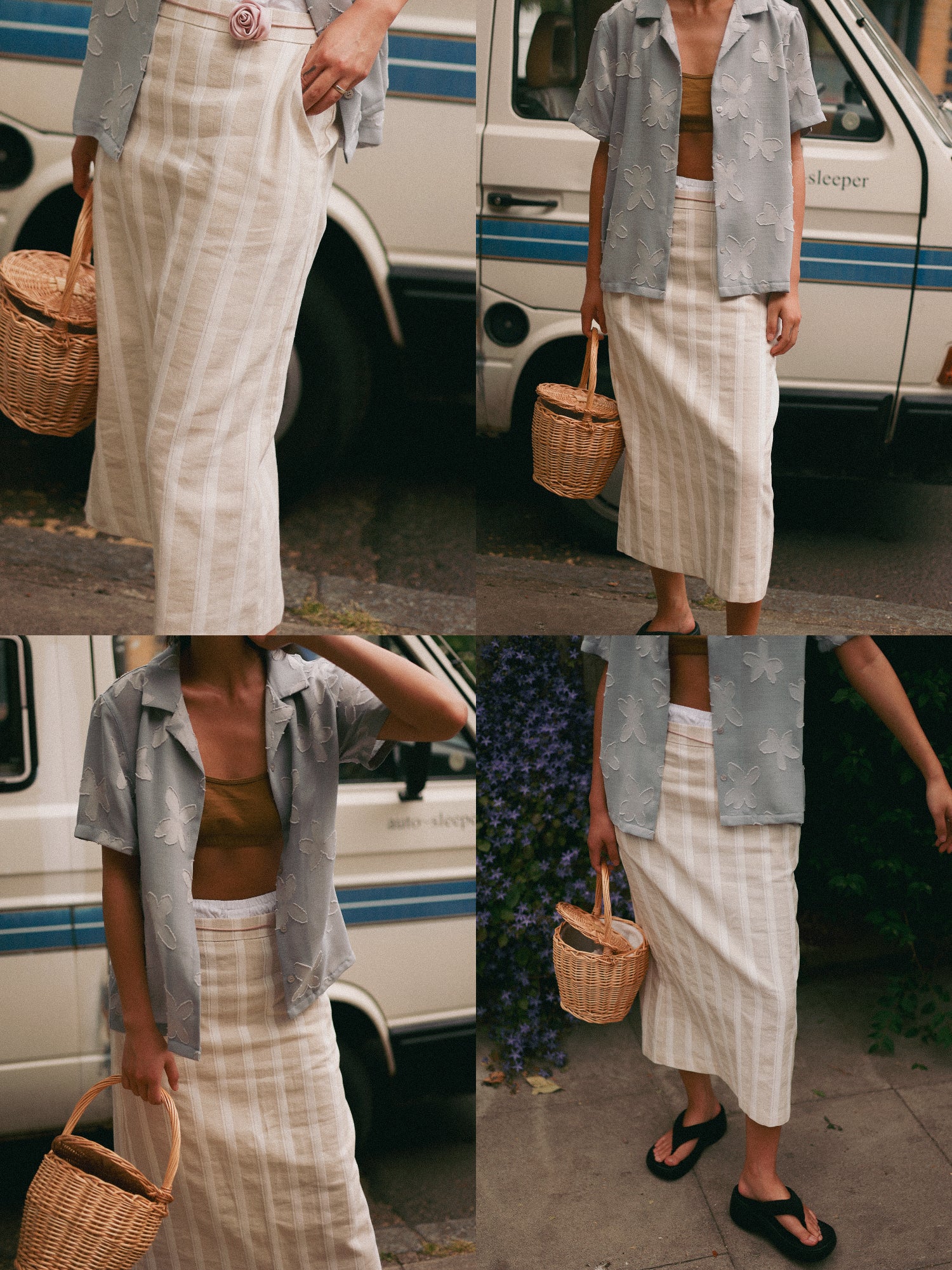 Margot Linen Stripe Long Skirt, Sand Beige
